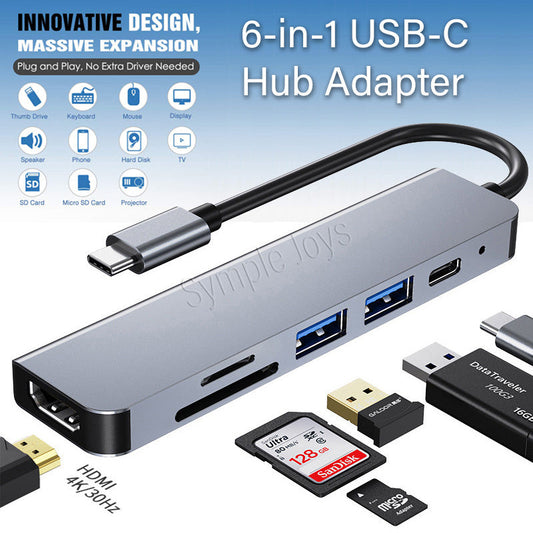 6 in 1 Type-C USB C Hub MacBook Pro Multiport Adapter, USB C to HDMI 4K, 2 USB 3.0 Ports, Micro SD Card Reader