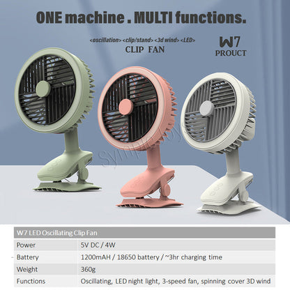 Clip On Fan Auto Oscillating USB Rechargeable With LED Night Light For Stroller Desk Kitchen