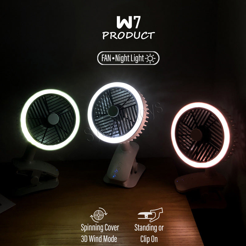 Clip On Fan Auto Oscillating USB Rechargeable With LED Night Light For Stroller Desk Kitchen