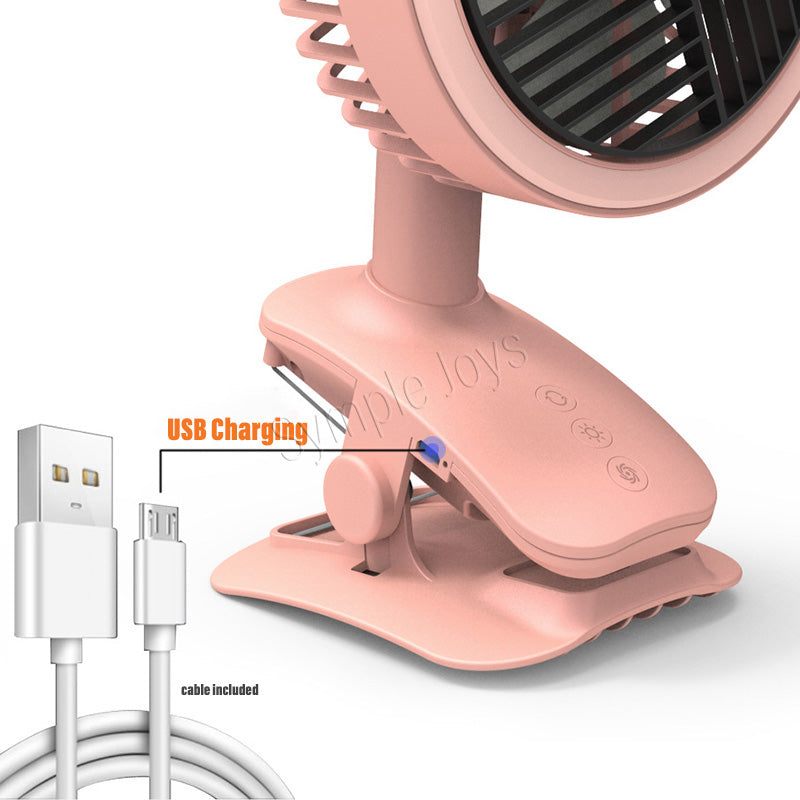 Clip On Fan Auto Oscillating USB Rechargeable With LED Night Light For Stroller Desk Kitchen