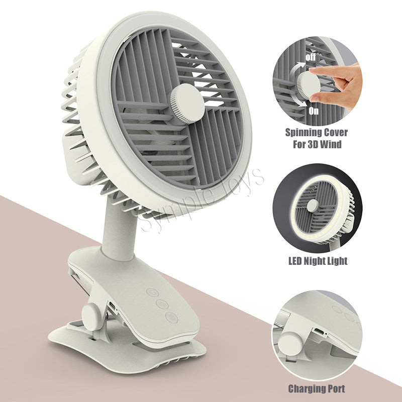 Clip On Fan Auto Oscillating USB Rechargeable With LED Night Light For Stroller Desk Kitchen