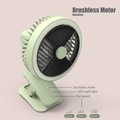 Clip On Fan Auto Oscillating USB Rechargeable With LED Night Light For Stroller Desk Kitchen