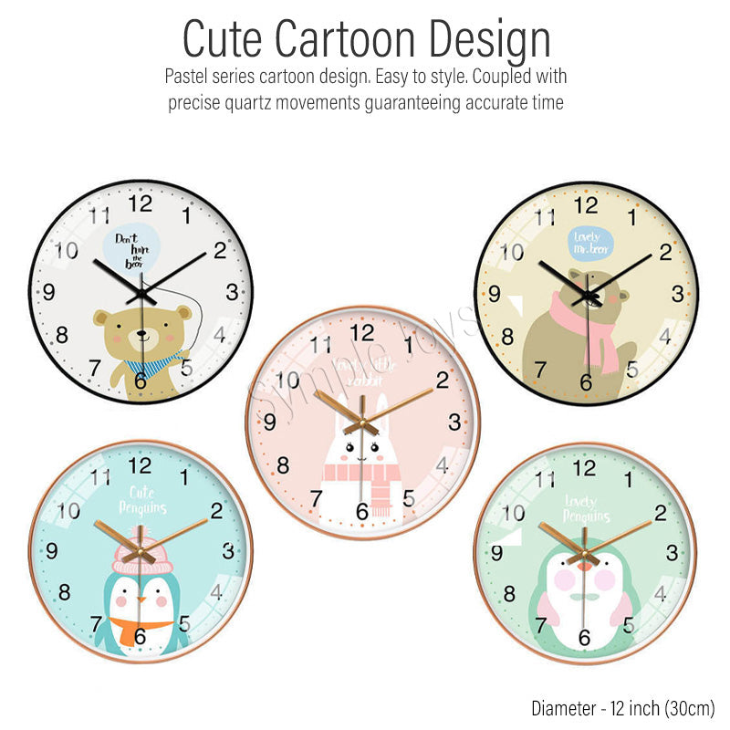 Cute Cartoon Wall Clock Silent Quartz Movement 30cm Round