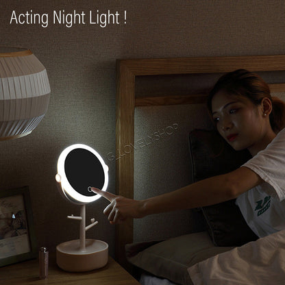 Rechargeable LED Makeup Mirror Light Cosmetic Vanity Make-up Mirror With Adjustable Brightness And Storage Box