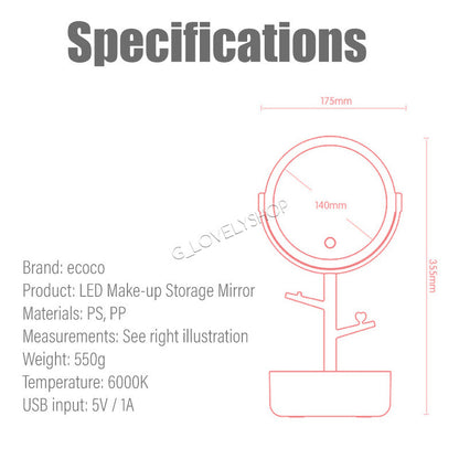 Rechargeable LED Makeup Mirror Light Cosmetic Vanity Make-up Mirror With Adjustable Brightness And Storage Box