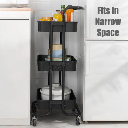 Three-Tiers Storage Trolley Shelf Kitchen Rack Cart 360 Degrees Flexible Wheels with Handle