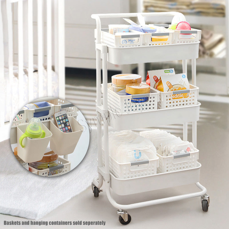 Three-Tiers Storage Trolley Shelf Kitchen Rack Cart 360 Degrees Flexible Wheels with Handle