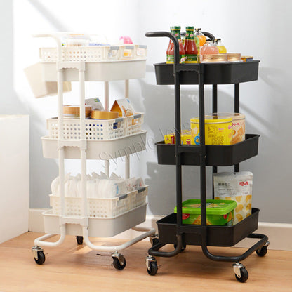 Three-Tiers Storage Trolley Shelf Kitchen Rack Cart 360 Degrees Flexible Wheels with Handle