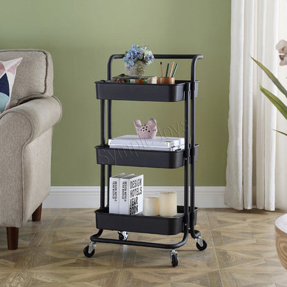 Three-Tiers Storage Trolley Shelf Kitchen Rack Cart 360 Degrees Flexible Wheels with Handle