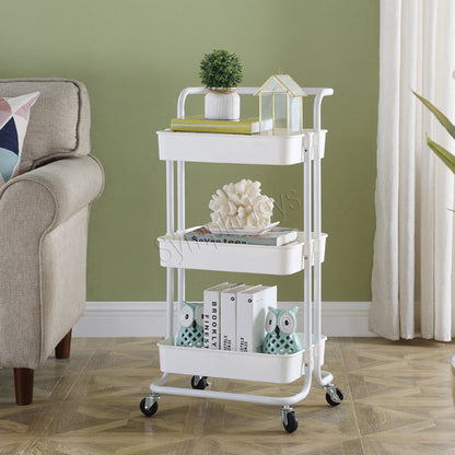 Three-Tiers Storage Trolley Shelf Kitchen Rack Cart 360 Degrees Flexible Wheels with Handle