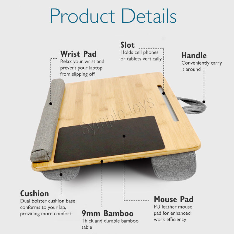 Lap Desk Table with Built in Mouse Pad, Wrist Pad and Pillow Cushion for Laptop or Tablet