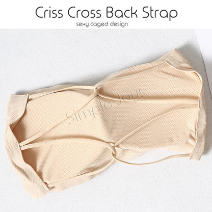 Ice Silk Tube Top With Criss Cross Cage Back Strapless Bra Bandeau Seamless Design