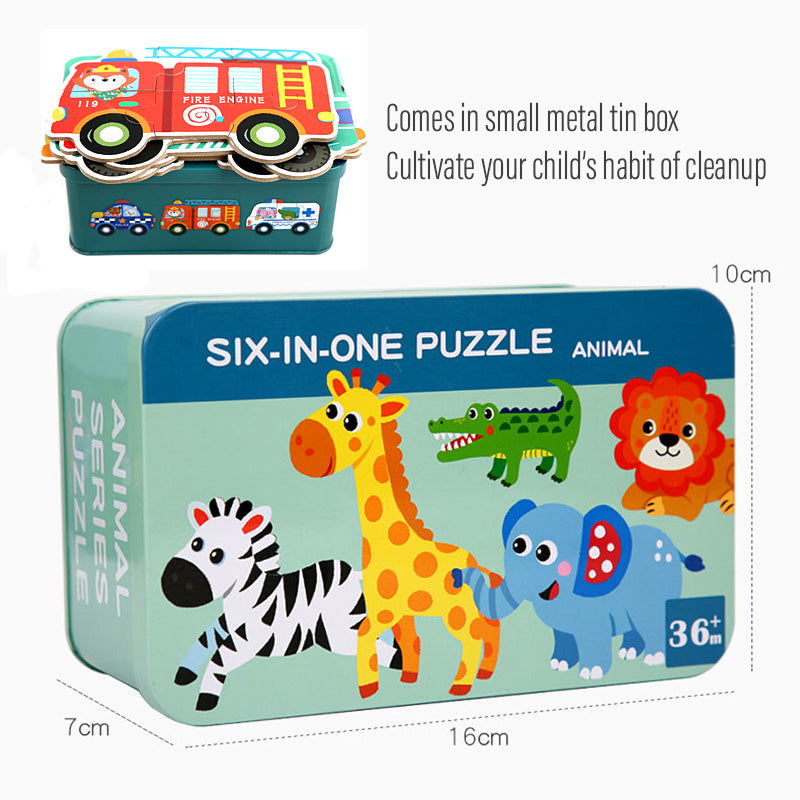 6-in-a-box Wooden Jigsaw Puzzle Tin Box Kids Child Children Educational Toy Sea Animals Cars Bugs Children's Day Gift