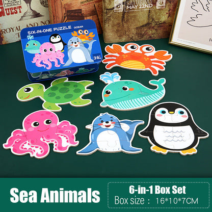 6-in-a-box Wooden Jigsaw Puzzle Tin Box Kids Child Children Educational Toy Sea Animals Cars Bugs Children's Day Gift