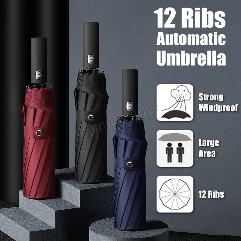 12 Ribs Automatic Umbrella Super Windproof Large Umbrella Auto Open Close Excellent Water Repellency